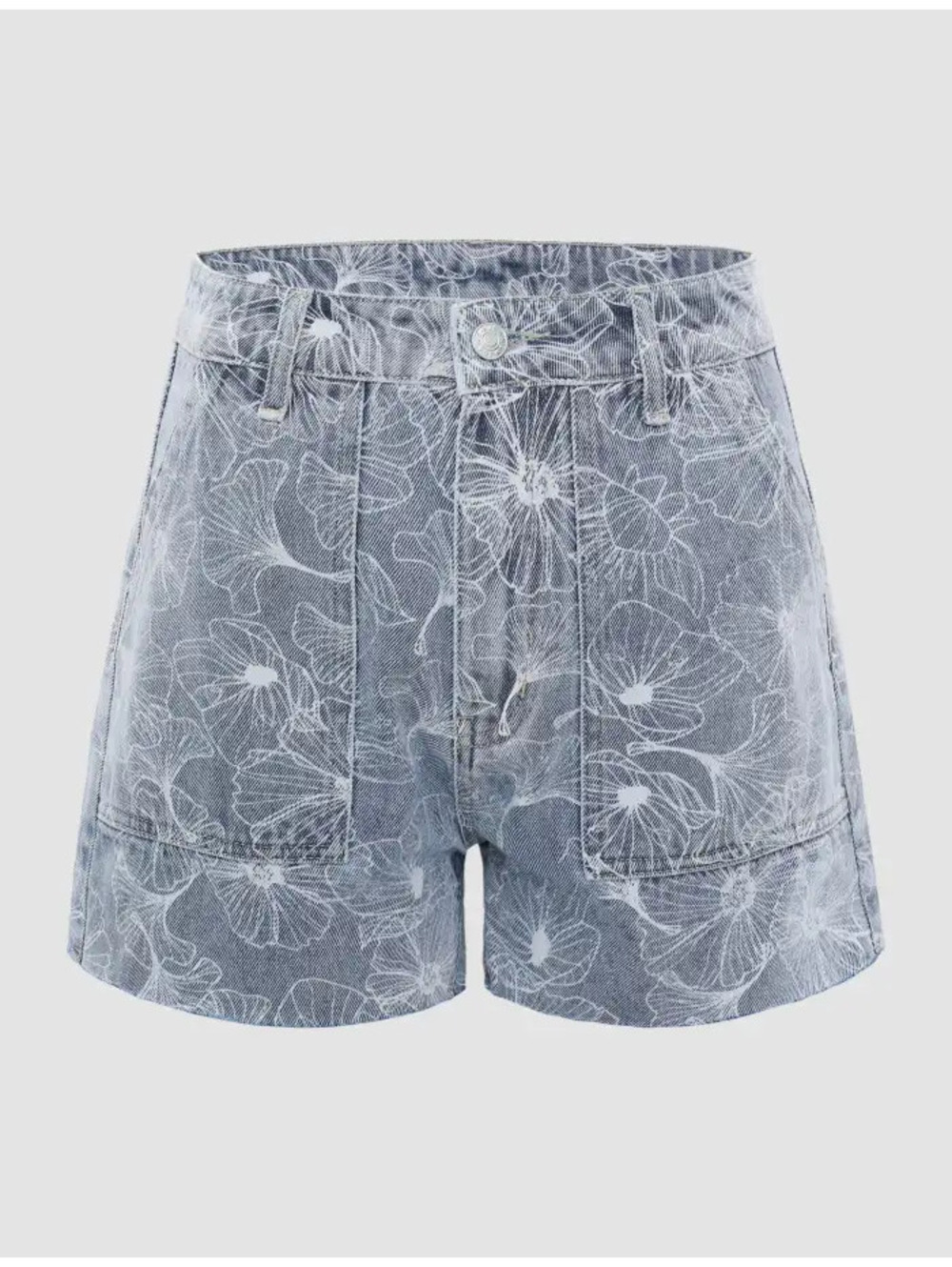 Cider Happy Hour Lotus Print Denim Mini Shorts High Rise Raw Hem Blue Size XL